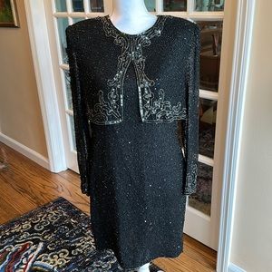 Vintage Brilliant Silk Beaded Evening Dress Size  large